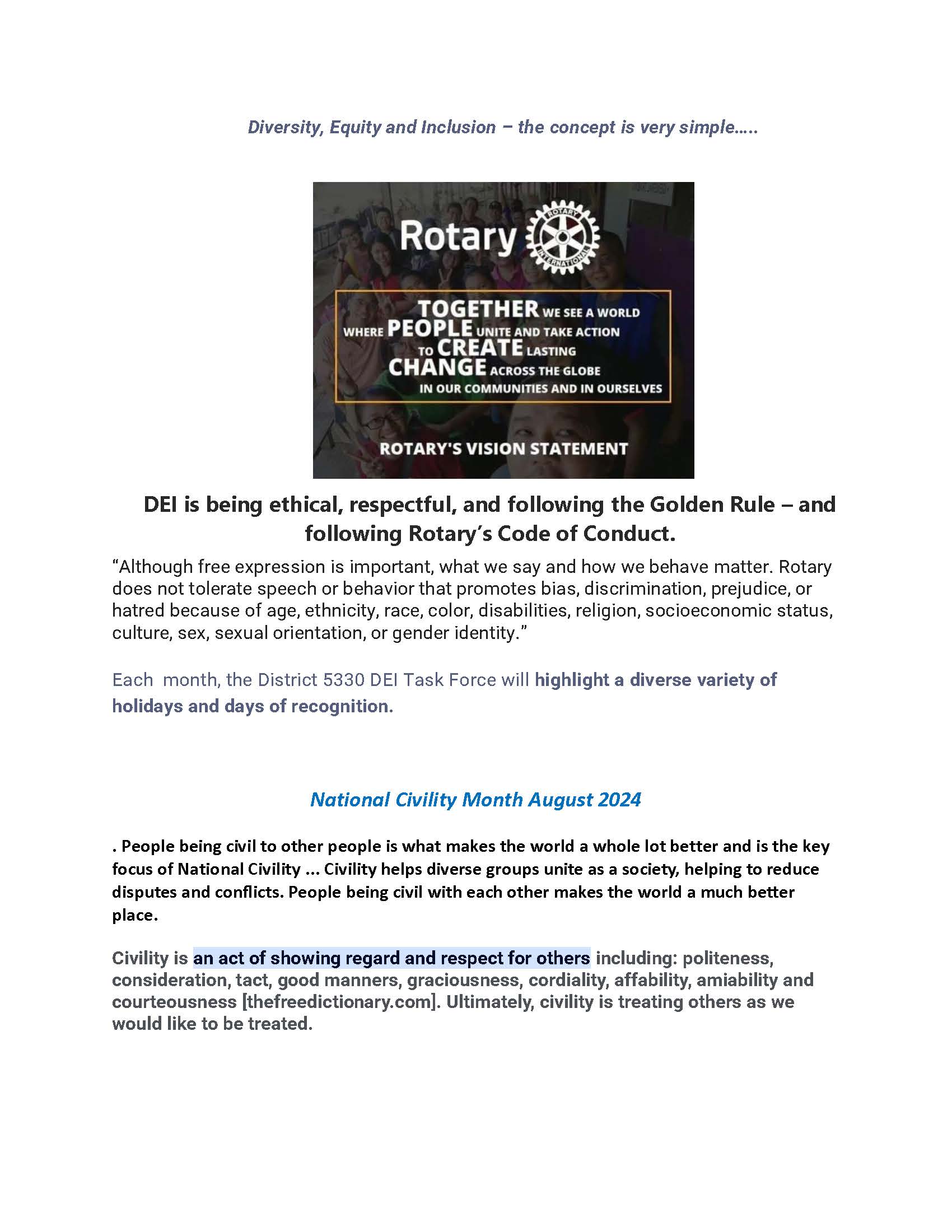 Page 1 of the District 5330 Diversity, Equity and Inclusion article, with Rotary's vision statement and an August 2024 message on civility.