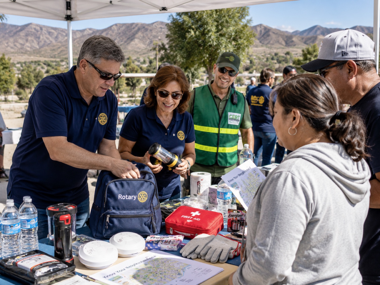 Rotarians at a disaster-preparedness fair showing a go-bag, first-aid kit, and emergency supplies to a community member