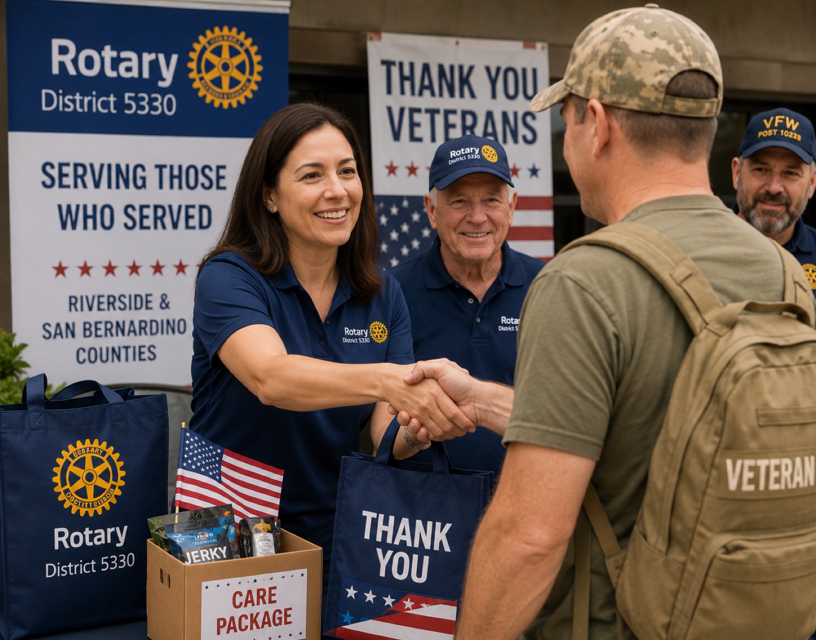 District 5330 Rotarians thanking a veteran with a care package at a Thank You Veterans event