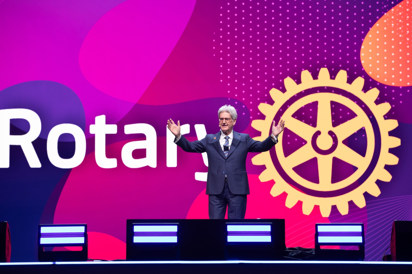 A Rotary leader on stage at the 2025 Rotary International Convention in Calgary