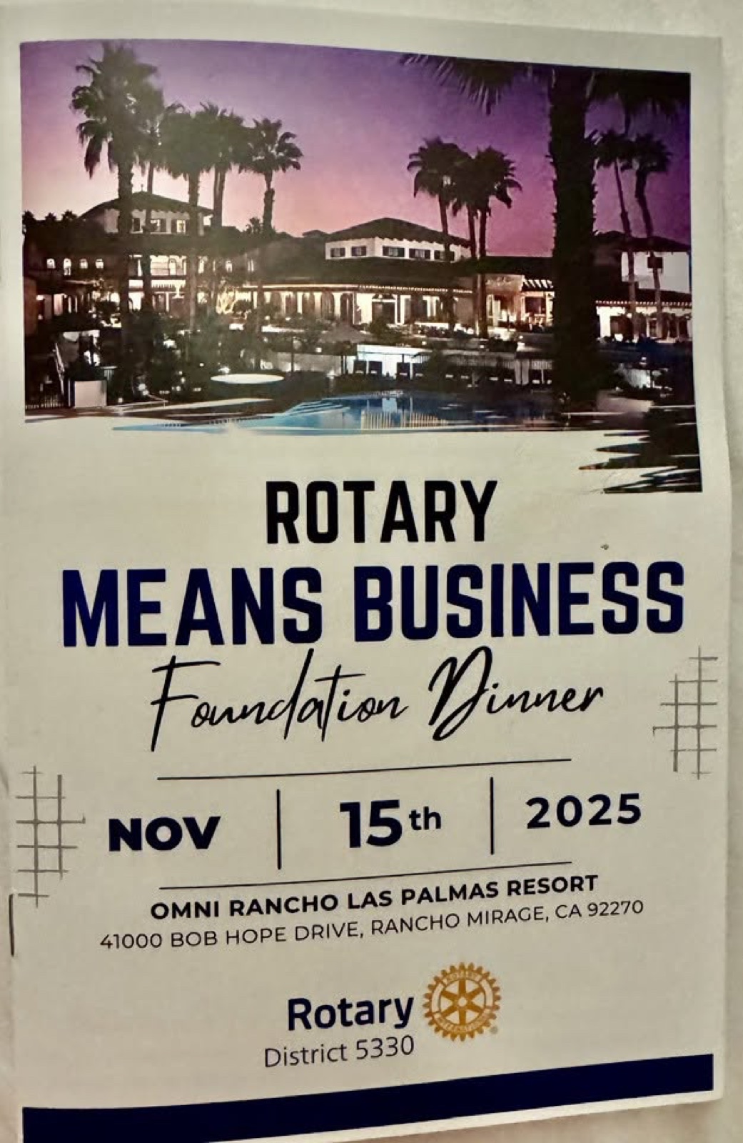 Rotary Means Business Foundation Dinner invitation, November 15, 2025, Omni Rancho Las Palmas Resort