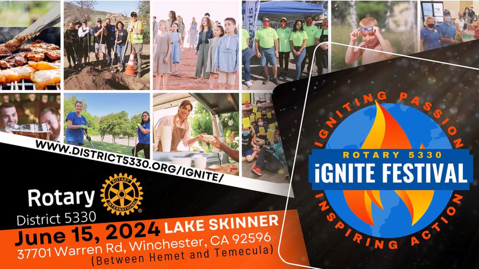 Rotary 5330 iGNITE Festival promotional graphic — June 15, 2024 at Lake Skinner