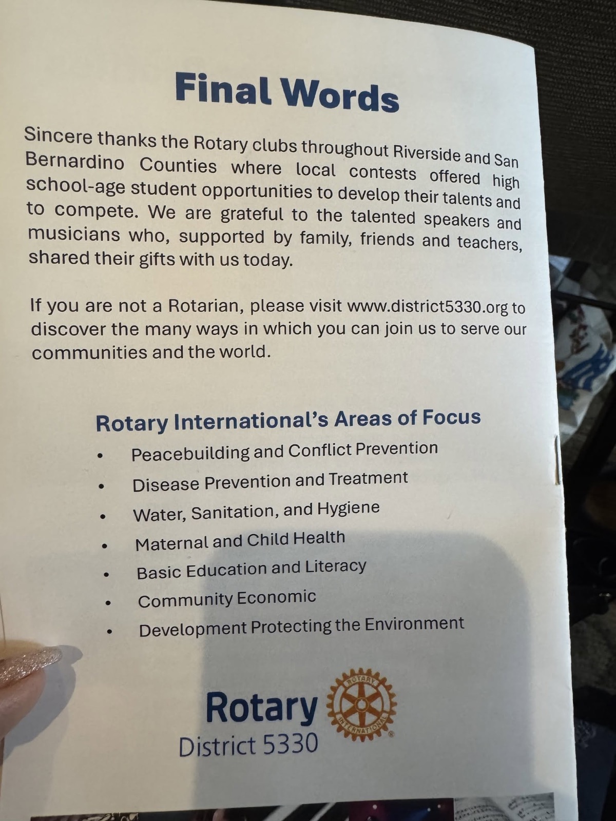 The RYSE showcase program — Rotary District 5330's Final Words and areas of focus
