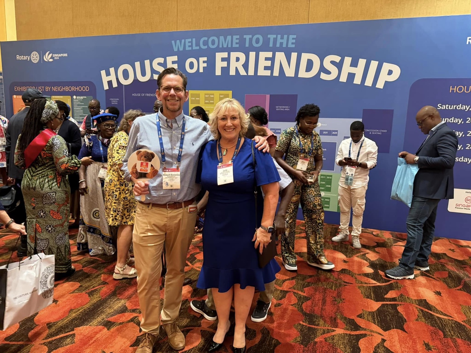 Robert Sweeney and Judy Zulfiqar at the House of Friendship, 2024 Rotary Convention in Singapore