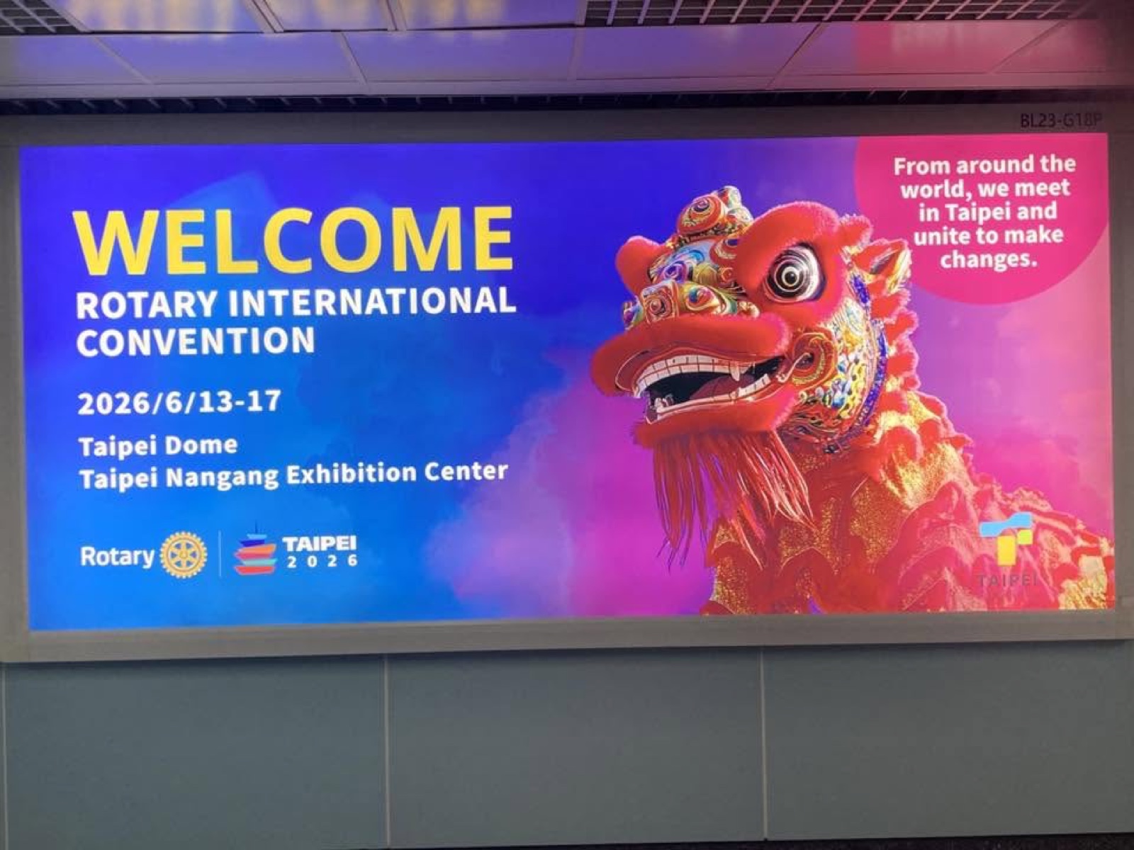 Welcome signage for the 2026 Rotary International Convention in Taipei