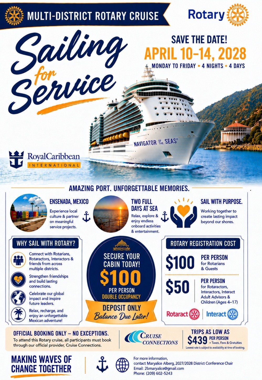 Sailing for Service flyer: Multi-District Rotary Cruise, April 10 to 14, 2028, aboard Royal Caribbean's Navigator of the Seas