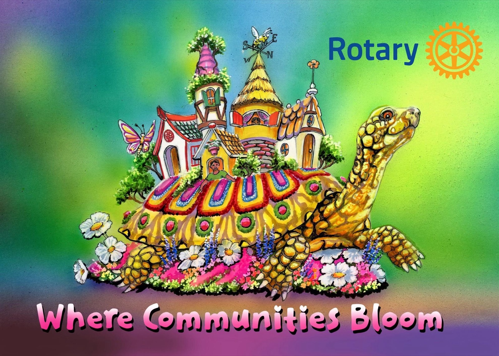 Artist&rsquo;s rendering of the Rotary Rose Parade float, Where Communities Bloom: a giant tortoise covered in flowers carrying a village of colorful cottages and towers on its shell, with butterflies and daisies around it.